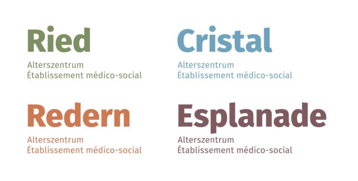 Wortmarken der vier Alterszentren Biel: Ried, Cristal, Redern und Esplanade