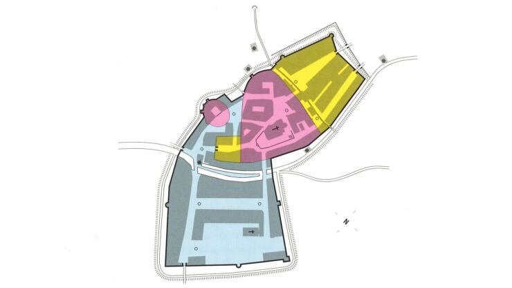 Die Visualisierung zeigt die drei Phasen mittelalterlichen Stadtentwicklung Biels von 1230 (erste Stadtanlage), 1290 (erste Stadterweiterung nach Norden) und 1340 (zweite Stadterweiterung mit durchfluss der Schüss durch die Stadt).