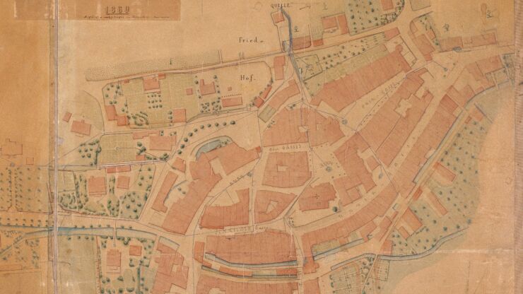 Der Plan der Stadt Biel aus den Jahren 1850/51 zeigt die bis 1860 von der Römerquelle ausgehenden Brunnenleitungen.