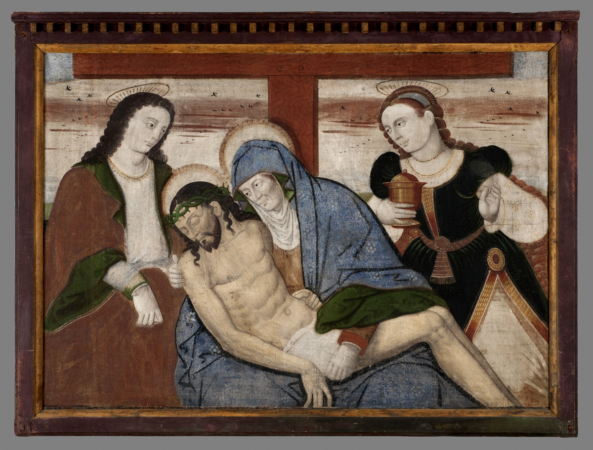Eine Malerei von 4 Menschen: Drei Frauen, die sich über Jesu zu Füssen des Kreuzes beugen. Alle haben zudem einen Heiligenschein oben an ihren Köpfen. 