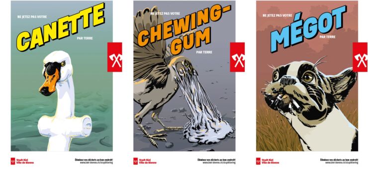 Trois sujets d&#x27;affiches avec des animaux pour &eacute;viter le littering en ville de Bienne&#x3a; jetez votre chewing-gum, m&eacute;got ou vos canettes au bon endroit.