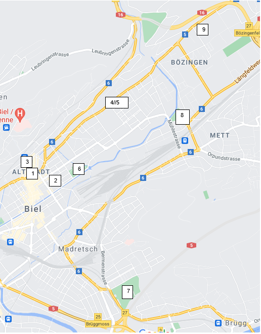 Auf dem Bild ist eine neue Stadtkarte von der Stadt Biel zu sehen. Mit den Zahlen 1-9 sind alle Friedhofstandorte von 1228 bis heute markiert.