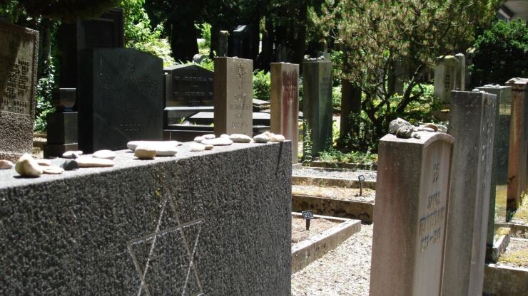 L’image est une photographie du carré juif. On n’y voit uniquement des tombes avec une pierre tombale verticale. Le sol entre les tombes est en gravier. On constate principalement qu’il n’y a pas de fleurs pour décorer les tombes. Au lieu de cela, les proches déposent des cailloux sur les pierres tombales.