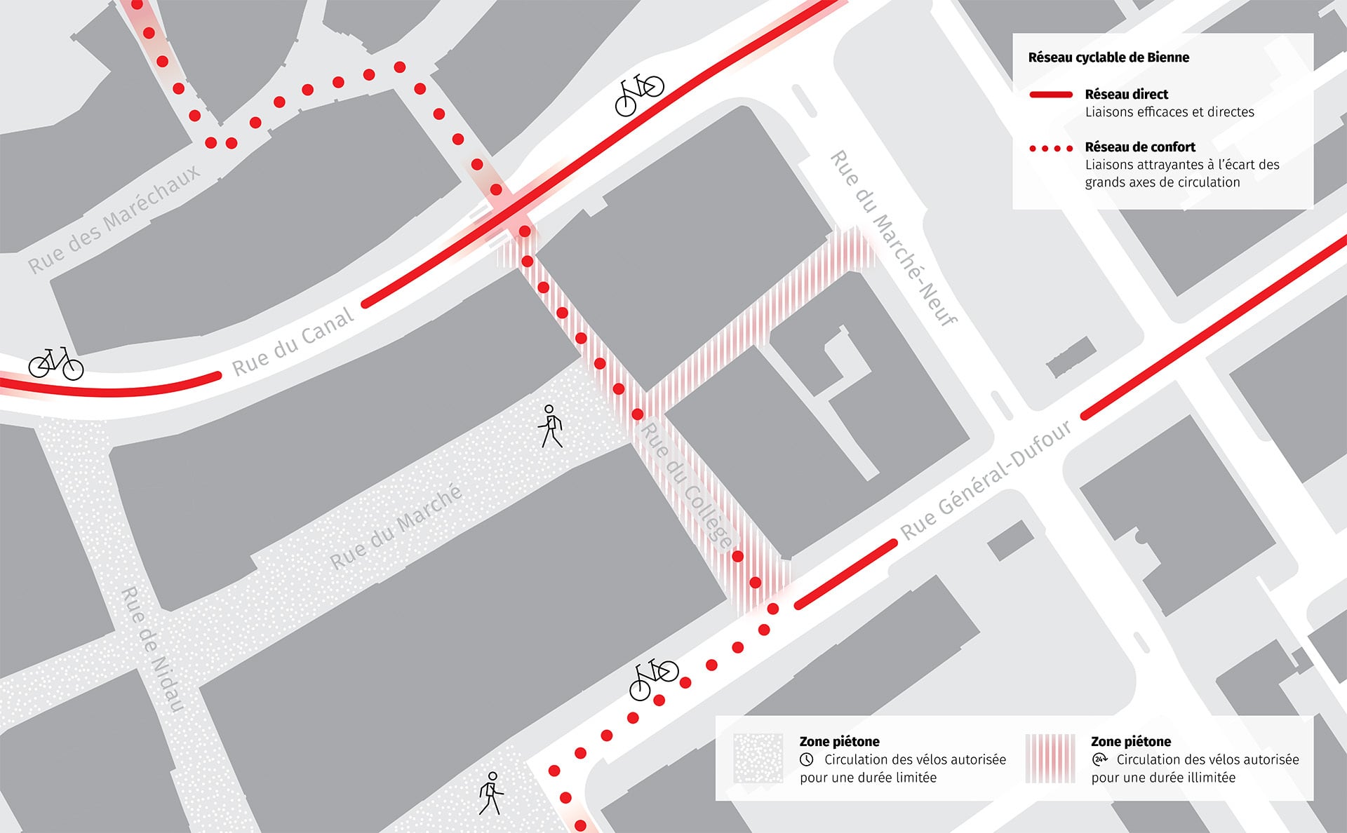 Extrait de carte de la rue de Collège; le réseau cyclable est marqué en rouge.