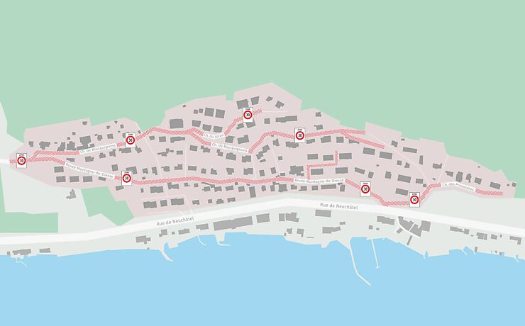 Plan du quartier de Vigneules avec les panneaux limitant la zone 30 km/h