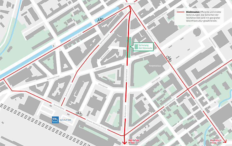 Stadtplan mit Direktrouten für Velofahrende inkl. Sicherungszone der Veloroute an der Murtenstrasse.