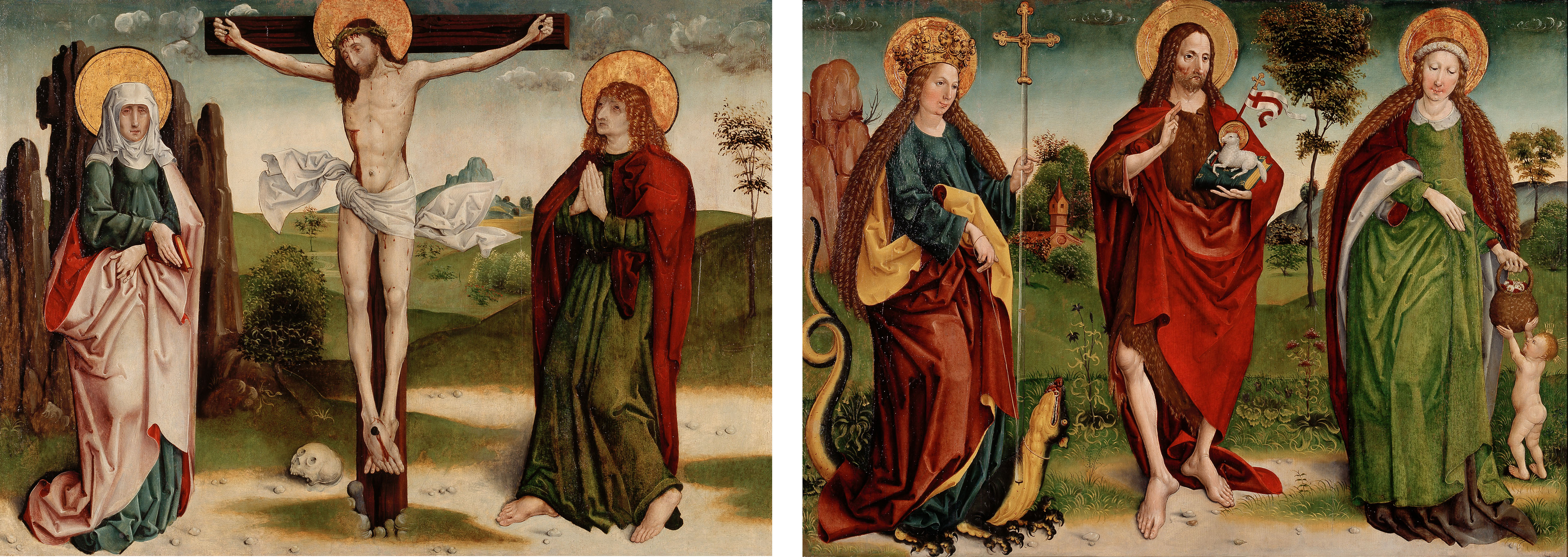 Zwei bemalte Altartafeln im spätgotischen Stil. Darauf zu sehen sind jeweils drei Heilige, mit einem Heiligenschein. Ein magerer Mann ist auf dem einen Bild an ein Kreuz genagelt, auf dem anderen steht der gleiche Mann mit rotem Gewand in der Mitte.  