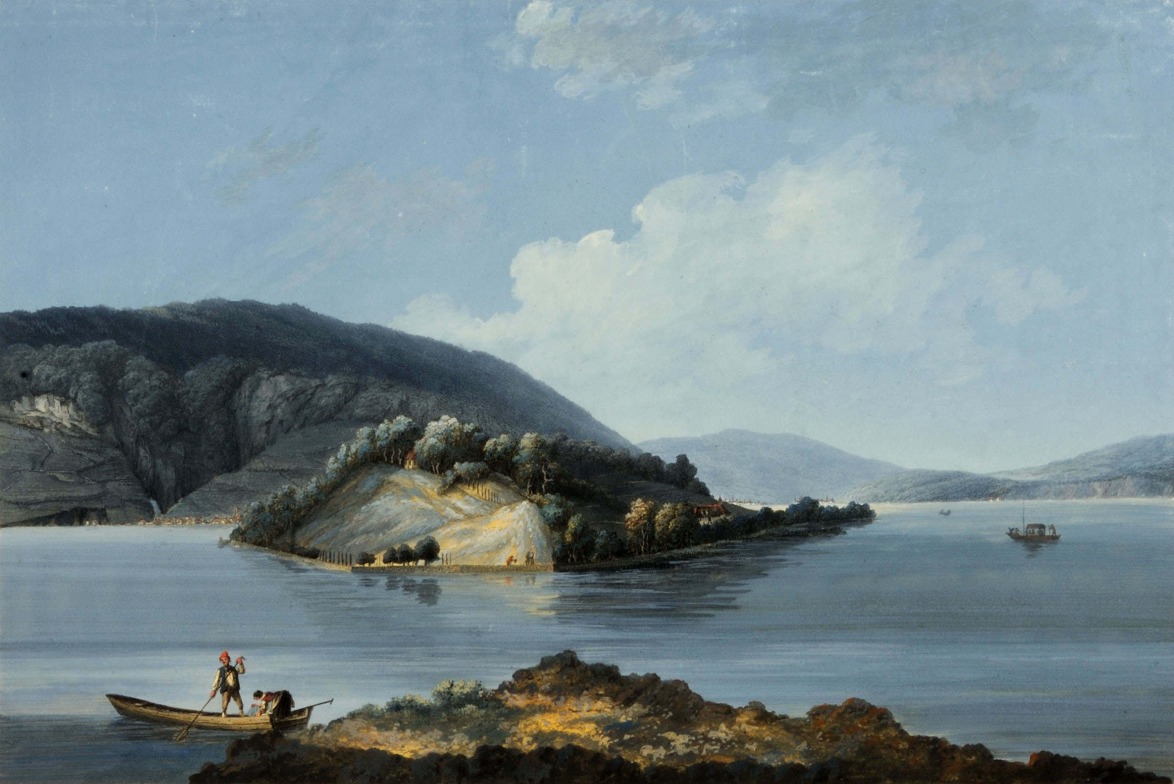 Un paysage peint avec beaucoup d'eau et de nature. Au bord inférieur de l'image, il y a deux personnes sur un bateau à rames qui se repoussent l'une l'autre de la terre. 