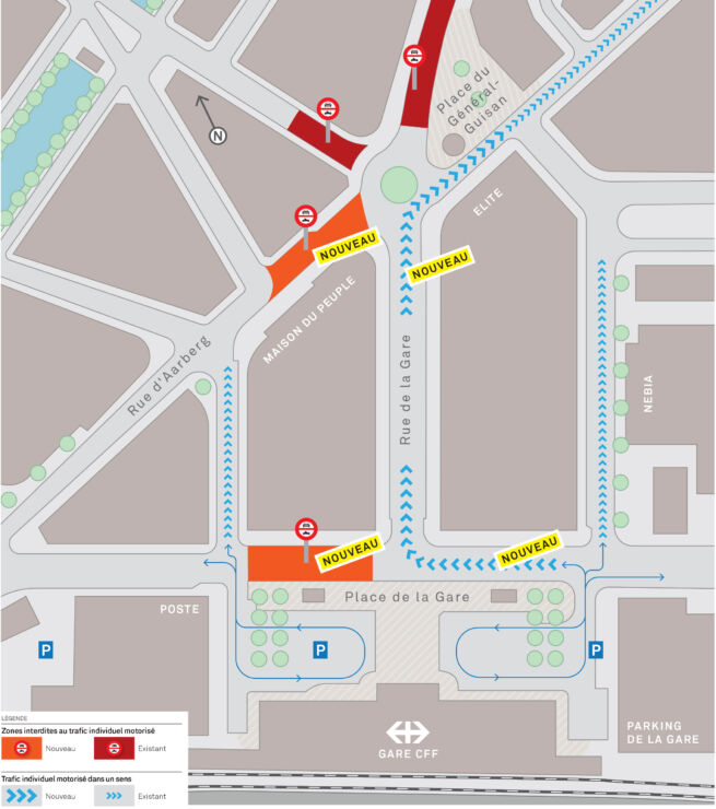 Plan du nouveau r&eacute;gime de circulation dans le quartier de la Gare montrant les zones interdites au trafic individuel motoris&eacute;